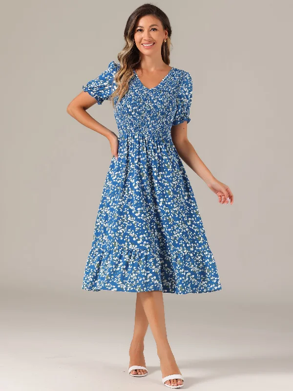 Sale On Sale Floral Shirred Puff Short Sleeves V Neck Ruffled Hem Midi Dress