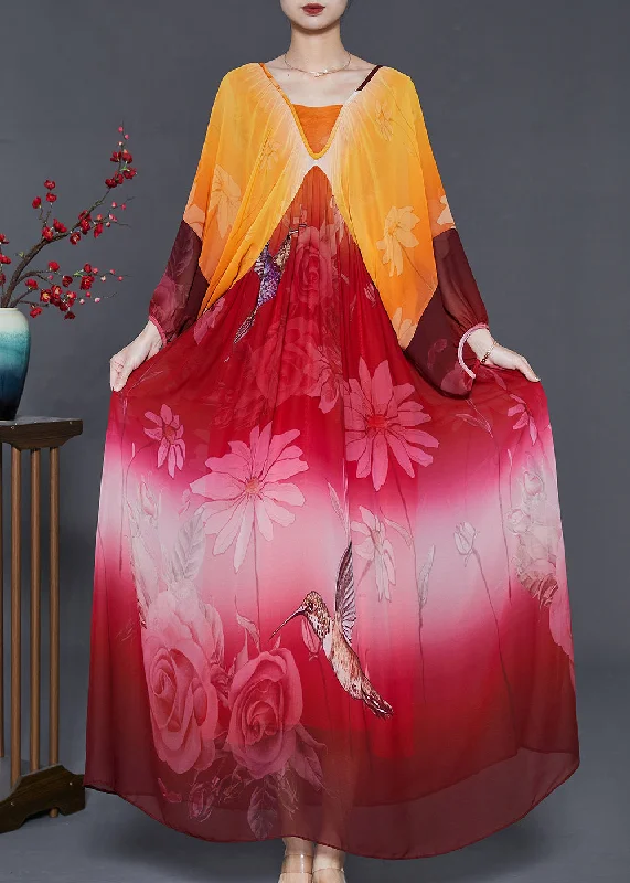 Women's Plus-Size Garments Plus Size Orange Oversized Print Chiffon Holiday Dress Summer