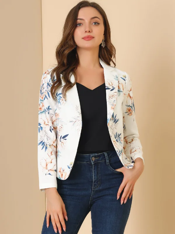 Charming Women's Garments Open Front Floral Work Business Crop Blazer Jacket