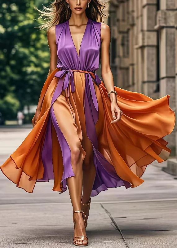 Women's Resort Attire Handmade Purple Cinched Patchwork Exra Large Hem Silk Dresses Summer