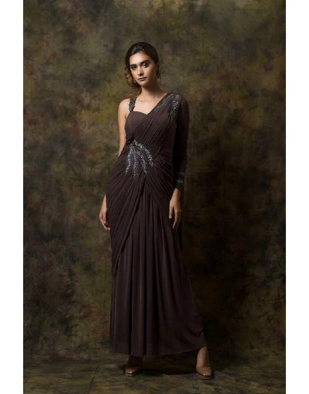 Women's Elegant Apparel Rent Fusion Metallic Brown Drape Saree Gown