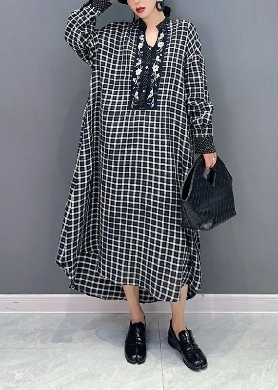 Season Sale Black Plaid Cotton Robe Dresses Stand Collar Oversized Spring
