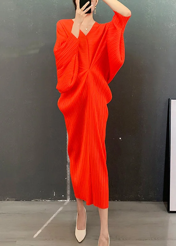 Flowy Fabric Stylish Orange V Neck Striped Wrinkled Dress Batwing Sleeve