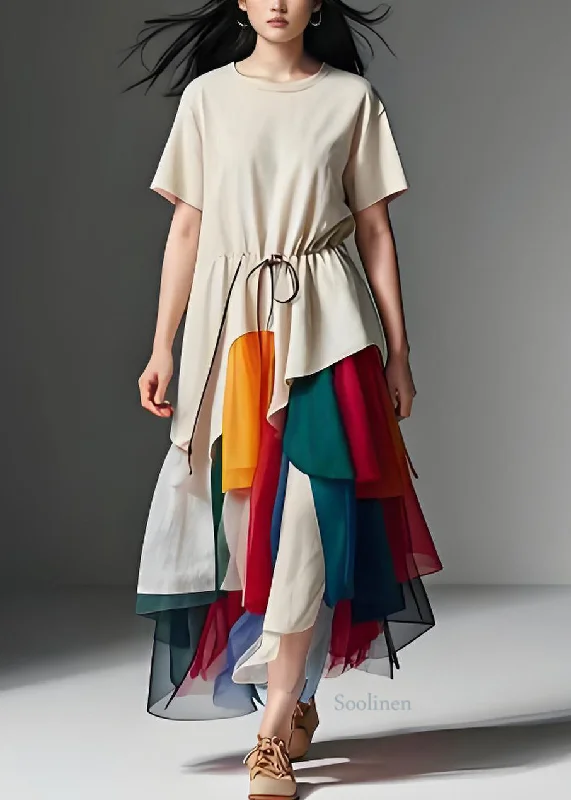 Charming Women's Clothes For Special Events Modern Asymmetrical Drawstring Patchwork Cotton Dress Summer Charming Women's Clothes For Special Events Modern Asymmetrical Drawstring Patchwork Cotton Dress Summer