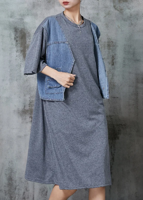 Exclusive Deals You Can't Resist Chic Grey Oversized Patchwork Cotton Robe Dresses Summer