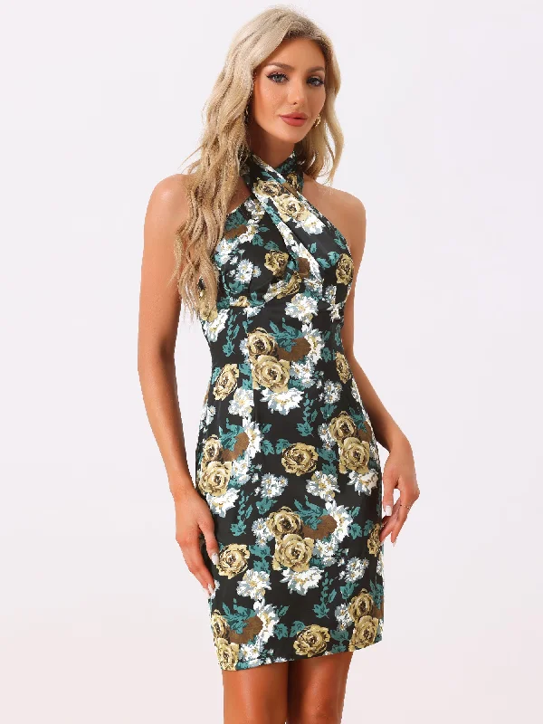 Women's Everyday Apparel Floral Halter Neck Sleeveless Satin Mini Dress