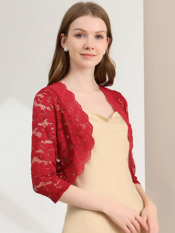 Women's Clothing For Outdoor Events Lace 3/4 Sleeves Sheer Floral Cropped Bolero Shrug