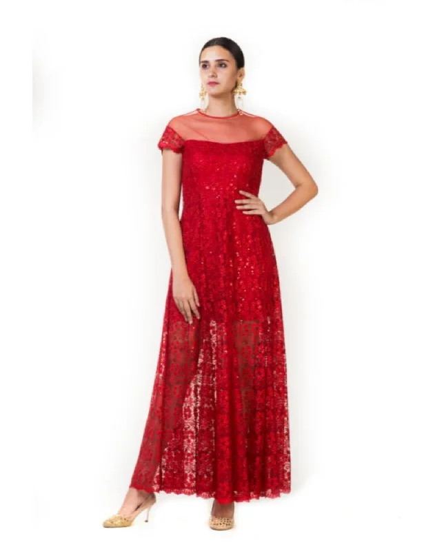 Classic Women's Apparel Rent Red Embroidered Tulle Gowns