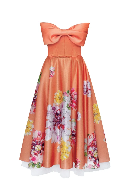 Early Bird Offer Playful orange floral midi dress with bow, Glow-Up