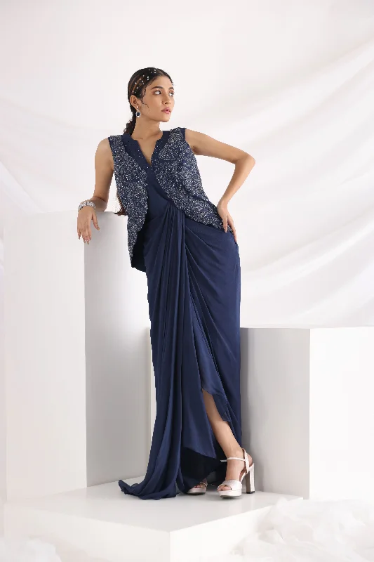 Women's Wedding Apparel Smriti Apparel's Midnight blue drape Gowns with jacket - Rent