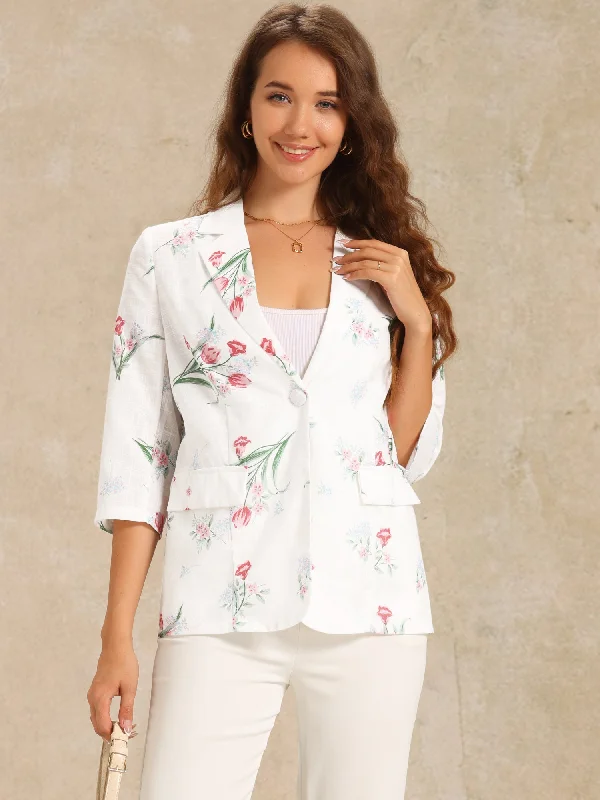 Women's Comfy Attire For Lounging Floral 3/4 Sleeve Notch Lapel Lightweight Blazer