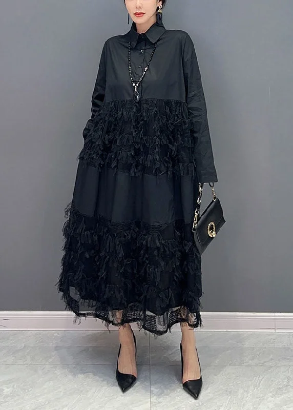 Latest Fashion Simple Black Peter Pan Collar Patchwork Tassel Cotton Dress Spring