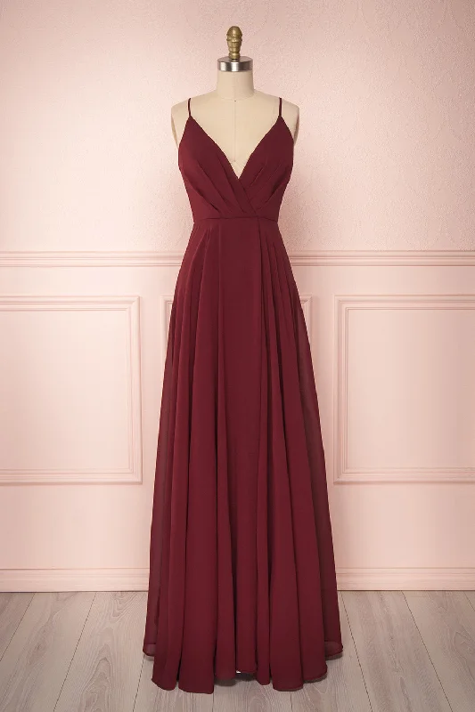 Women's Luxury Attire Aelis Burgundy | Pleated Plunging V-Neckline Gown