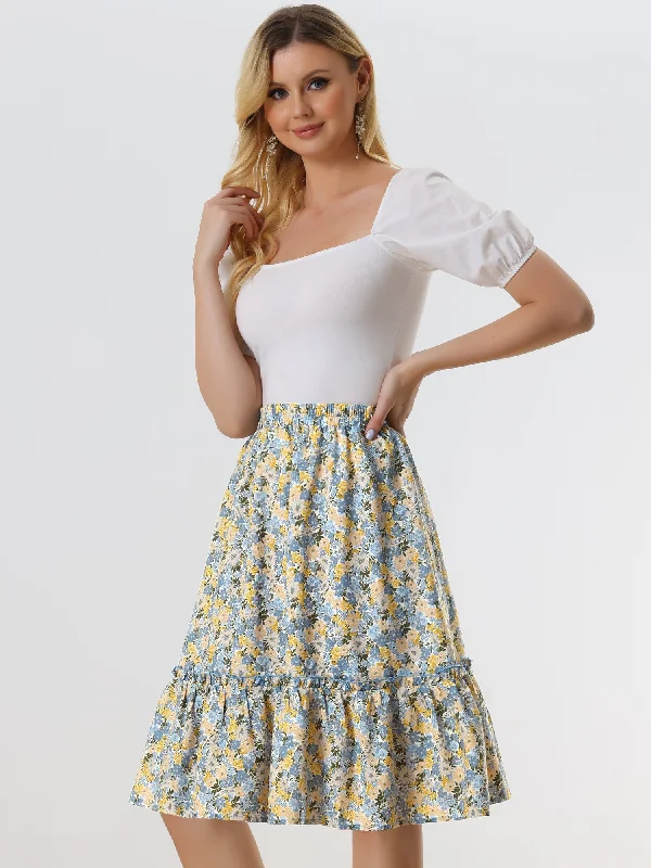 Clothes Women Ruffle Hem Elastic Waist Flowy A-Line Swing Floral Midi Skirt