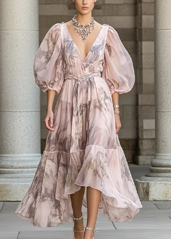 Women's Seasonal Attire Fitted Pink Cinched Print Chiffon Robe Dresses Puff Sleeve