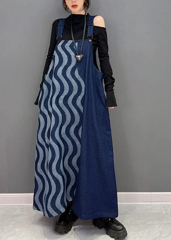 Trendy Pulse Bohemian Blue Patchwork Cotton Denim Strap Dresses Spring