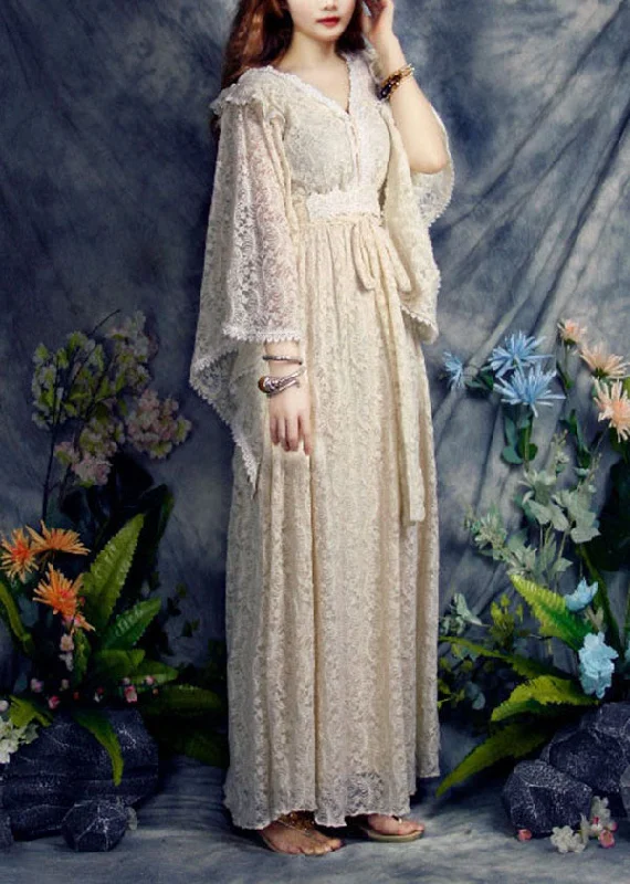 Style Redefined Beautiful Apricot V Neck Hollow Out Lace Vacation Cinch Dresses Spring