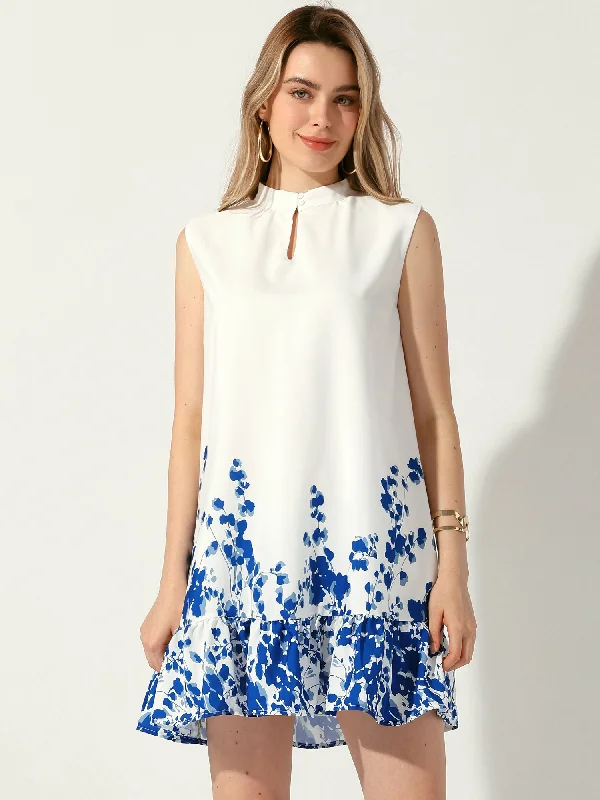 Women's Travel Outfit Set Floral Printed Ruffled Hem Sleeveless Mini Dress