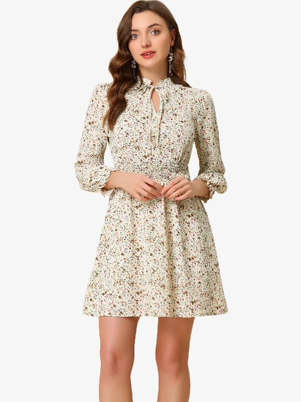 Discount Price Smocked Waist Tie Neck Floral Long Sleeve Dress