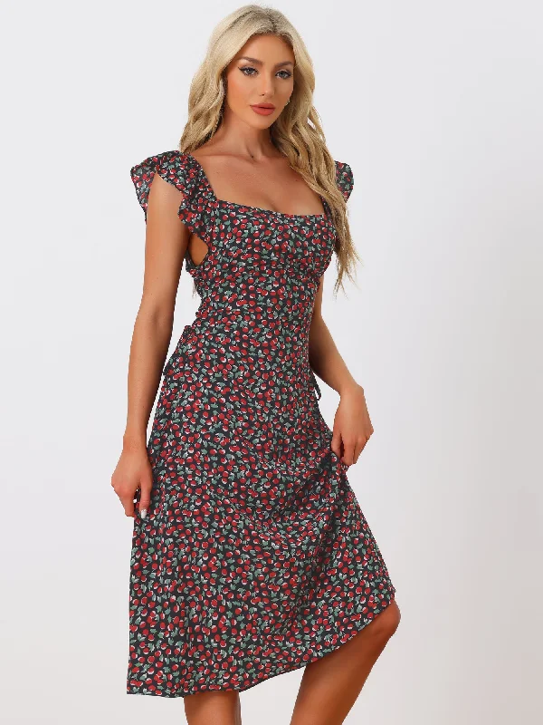 Flash Sale Or Flash Sales Floral Cherry Print Lace-up Square Neck Ruffle Midi Dress Sundress