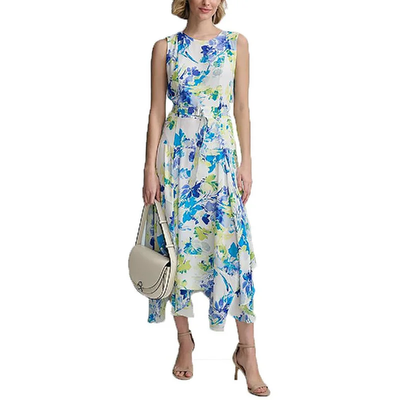 Women's Clothing Apparel Sets Calvin Klein Womens Handkerchief Hem Floral Printed Fit & Flare Dress