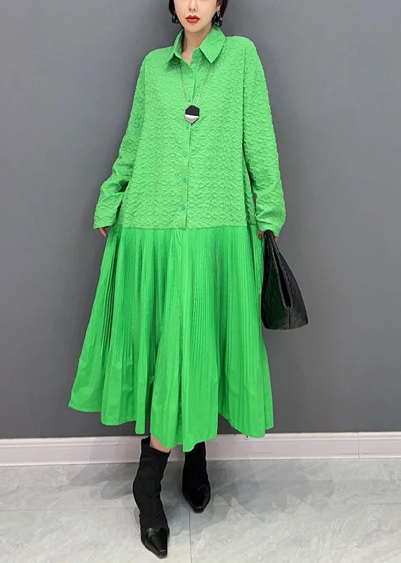 Cozy Chic Promotions Women Green Peter Pan Collar Patchwork Jacquard Pleated Dress Spring