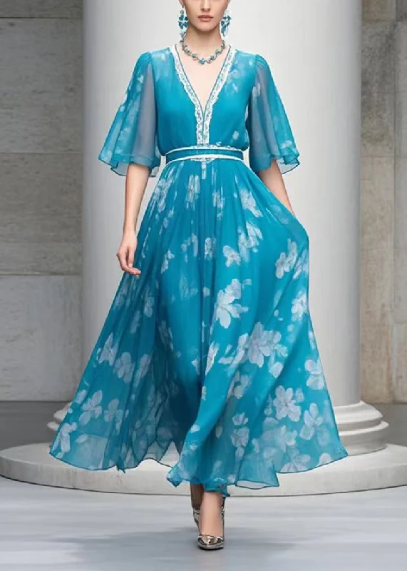 Cool Prices Blue Print Chiffon Holiday Dresses V Neck Exra Large Hem Summer