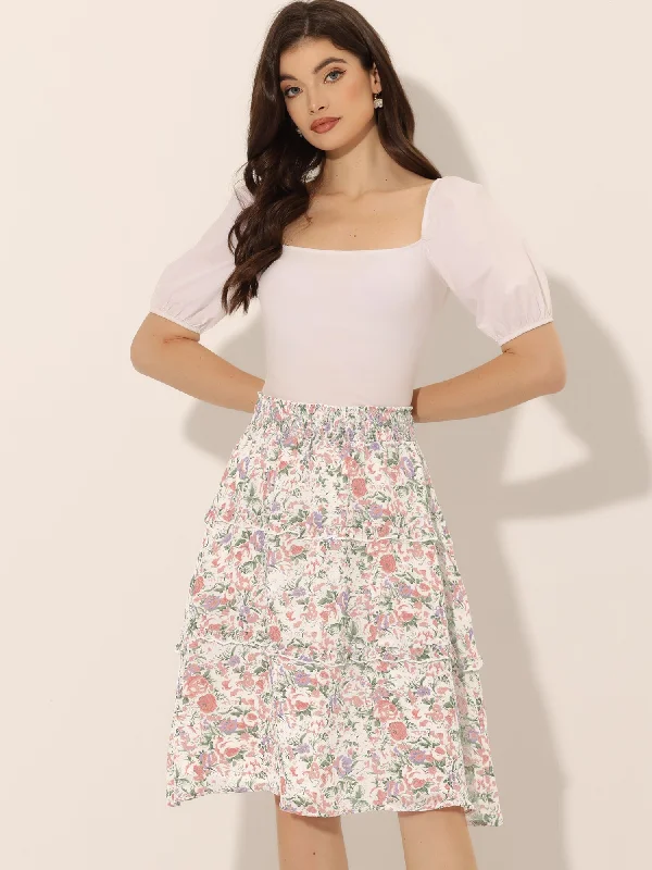 Women's Transitional Apparel Floral Smocked Elastic Waist Knee Length Ruffle Tiered Skirt