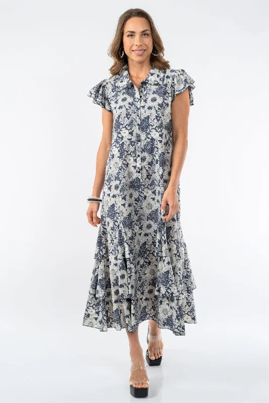 Elegant Women's Evening Garments LIOR Women's Long Navy Floral Ruffle Sleeve Half Placket Dress - "Armenia"