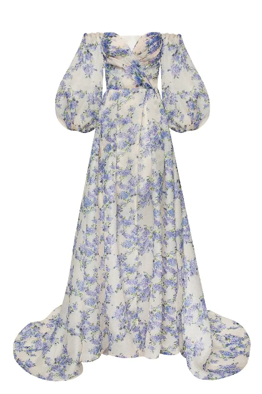 Sale For Women Hydrangea Elegant floral puff sleeve maxi dress