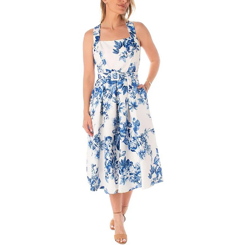 Women's Apparel Maison Tara Womens Floral Print Belted Midi Dress