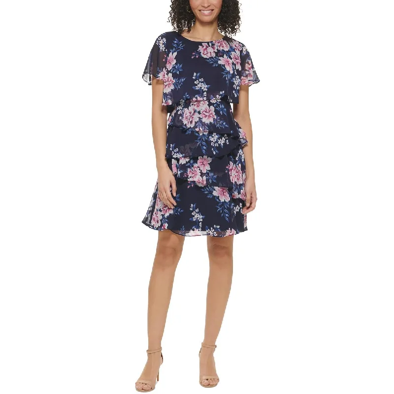 Women's Functional Apparel For Outdoor Activities Jessica Howard Womens Petites Floral Print Tiered Wear To Work Dress