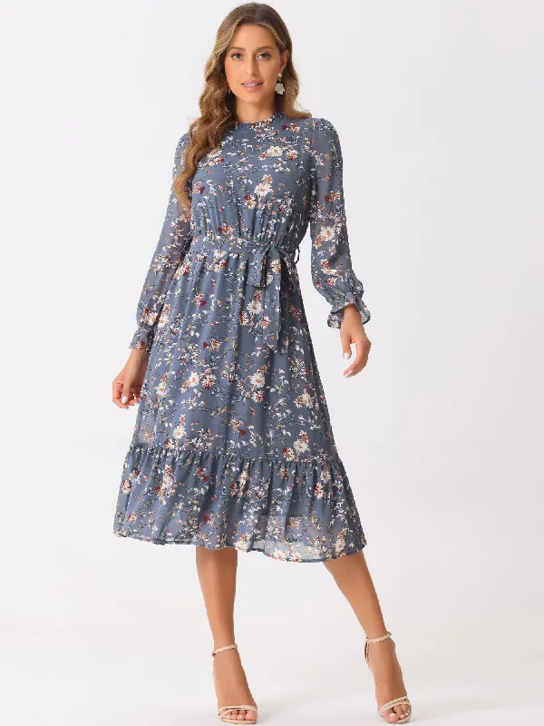 Stylish Women's Garments For Holidays Floral Long Sleeve Belted Flowy Chiffon Midi Dress