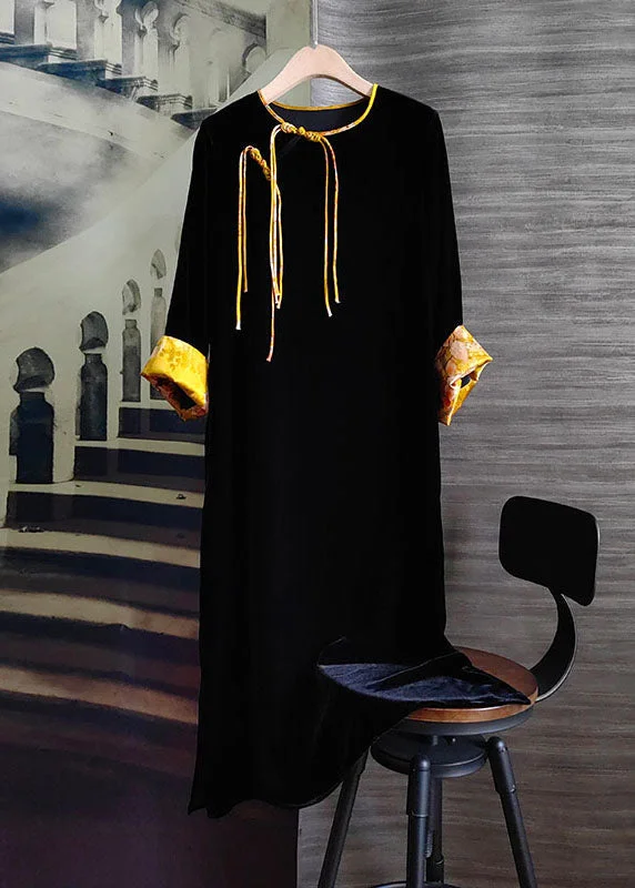 Final Clearance Chic Black Tasseled Patchwork Silk Velour Dress Spring