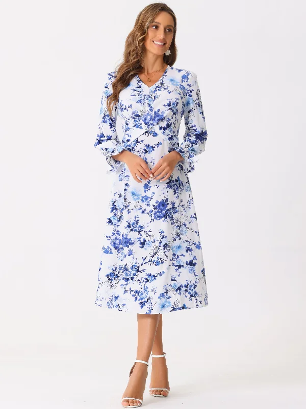 Women's Elegant Clothes Floral V Neck Twist Waist Ruffle Long Sleeve Elegant Midi Dress