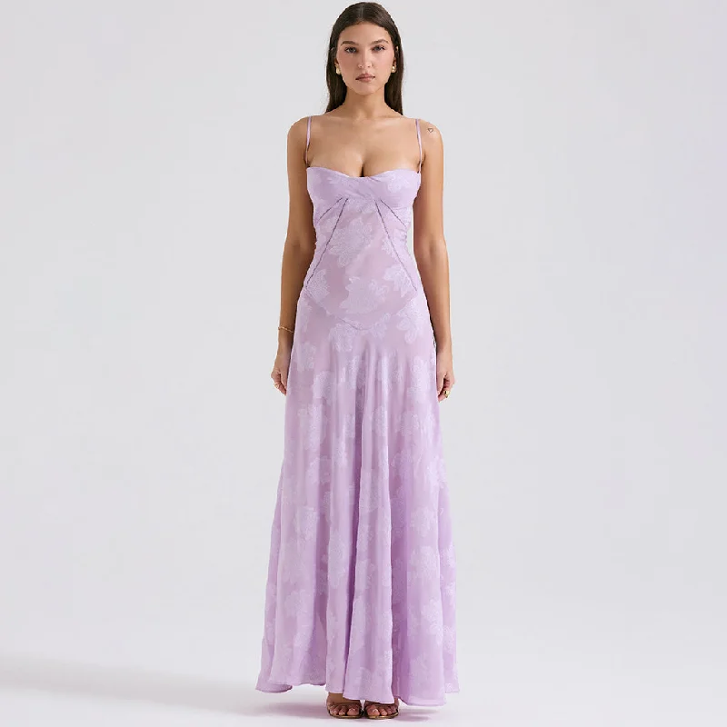 Charming Women's Outfit For Special Occasions Sexy Sheer Jacquard Floral Lace Back Drop Waist Fishtail Maxi Slip Dress