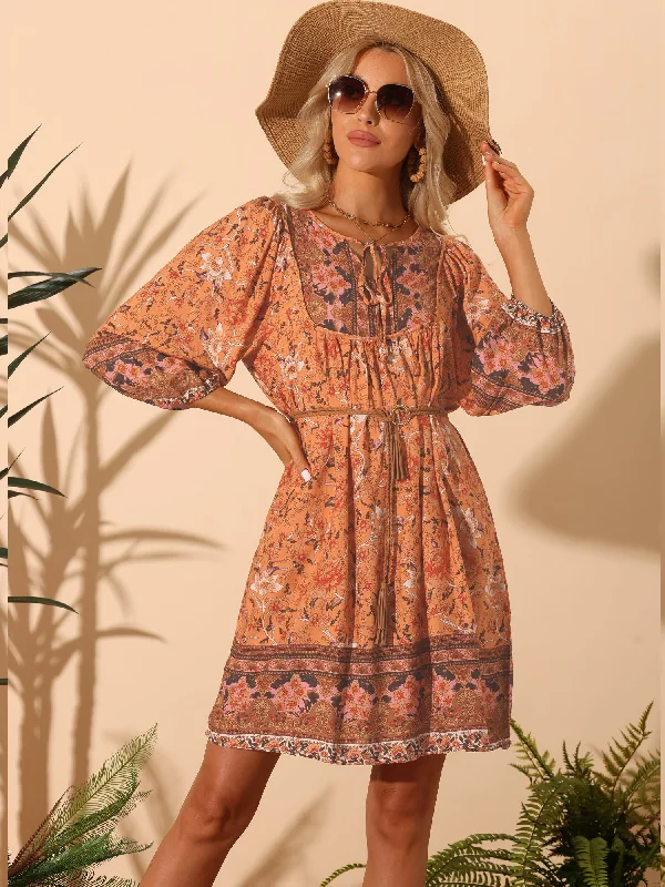 Women's Clothing Brands Boho Floral Casual 3/4 Sleeve Loose Short Mini Beach Dress