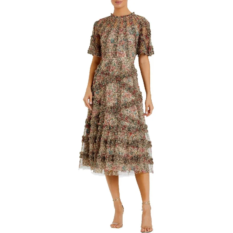 End of Season Sale Mac Duggal Womens Floral Print Ruffled Midi Dress