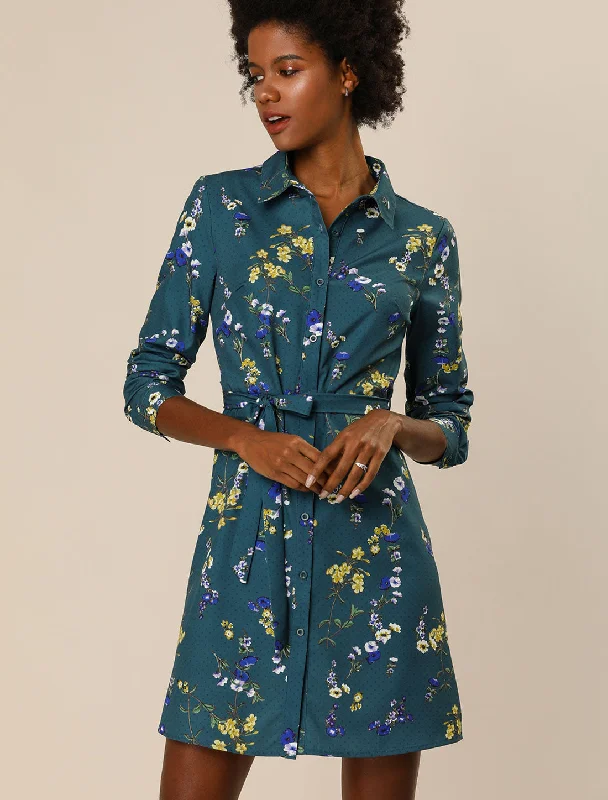 Women's Outerwear Apparel Button Down Floral Collar Tie Belted Mini Shirt Dress