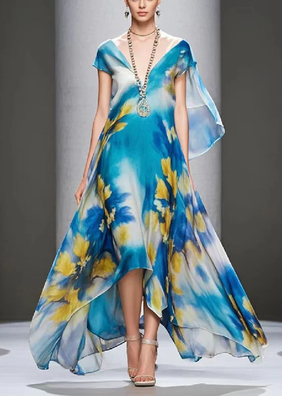 Premium Style French Blue Print Exra Large Hem Chiffon Beach Dress Summer
