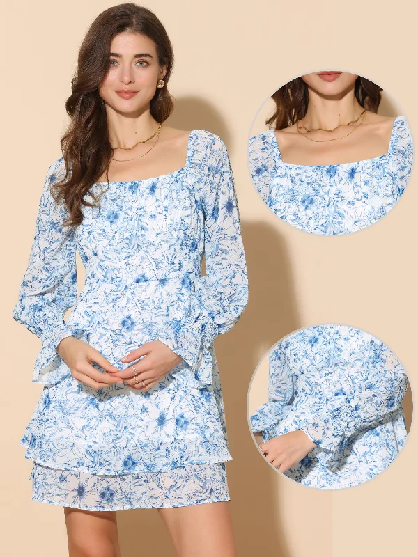 Women's Elegant Evening Attire Long Sleeve Square Neck Floral Casual A-Line Dress