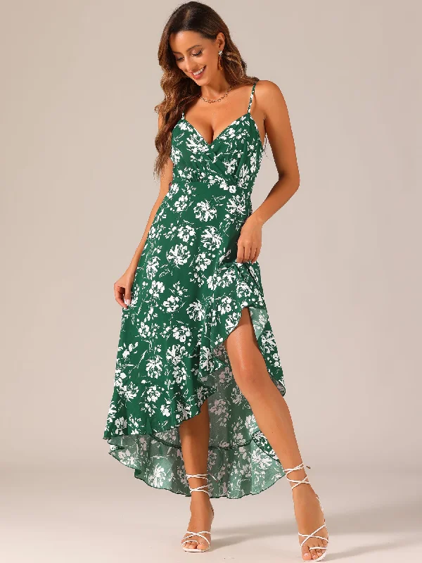 Casual Chic Clothing For Women Spaghetti Strap Belted Ruffle High Low Hem Sleeveless Floral Maxi Dress