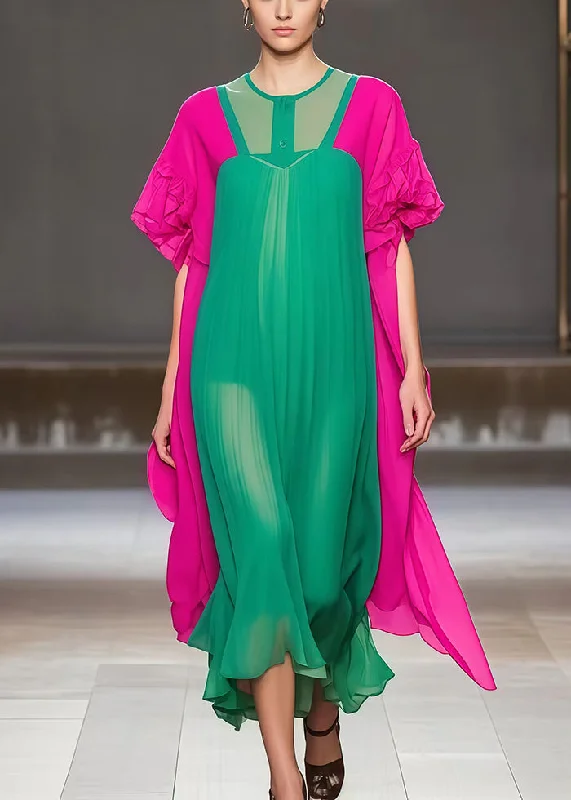 Luxury Fashion Bohemian Green Oversized Patchwork Chiffon Dress Summer