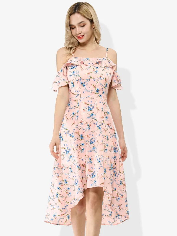 Women's Clothing for Every Season and Trend Spaghetti Strap Asymmetrical High Low Floral A-Line Midi Dress