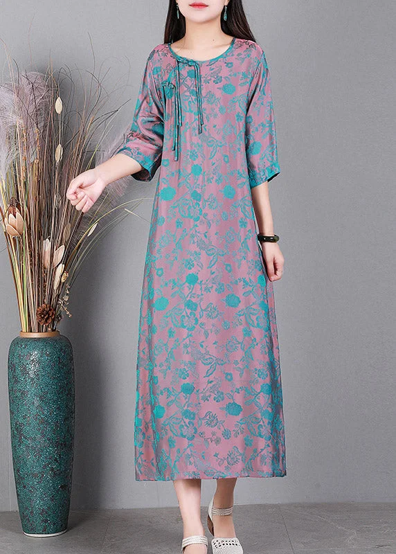 Women's Chic Apparel Blue O-Neck Print Side Open Silk Dress Half Sleeve