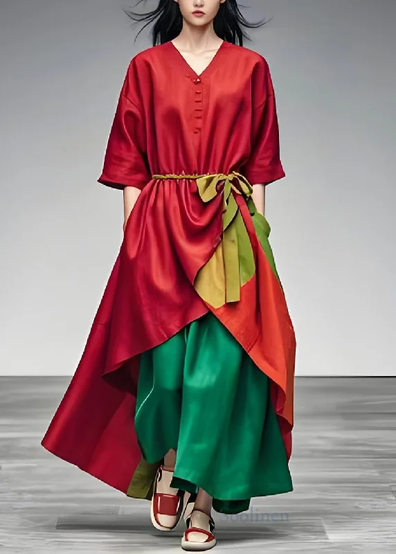 Stylish Women's Garments Original Red V Neck Low High Design Patchwork Cotton Dress Summer