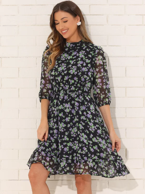 Women's Party Clothes Floral Casual Mock Neck Chiffon A-Line Midi Dress