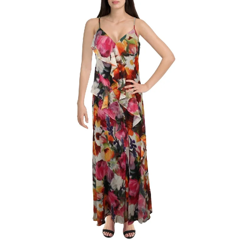 Fashionable Women's Casual Apparel Betsy & Adam Womens Petites Ruffled Floral Print Evening Dress