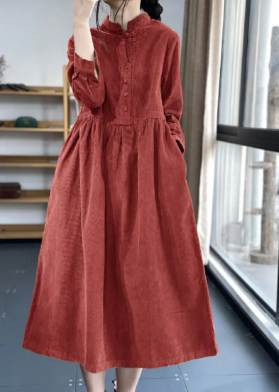 Don't Miss Out Red Button Pockets Corduroy Dresses Winter