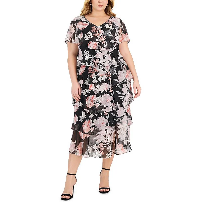 Women's Elegant Garments SLNY Womens Plus Floral Print Ruffle Midi Dress